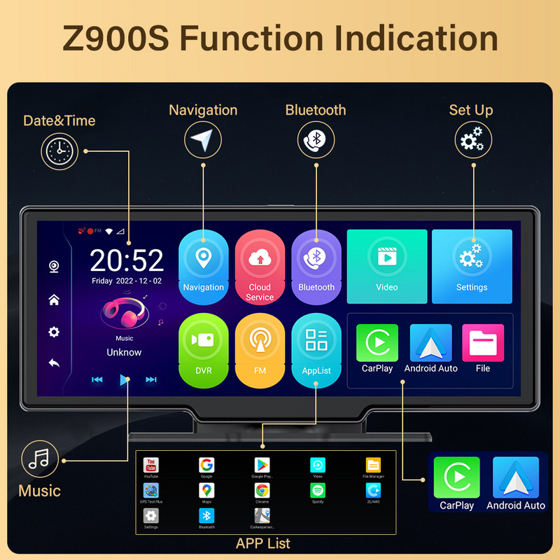 10,26 ιντσών DVR αυτοκινήτου Z900S Carplay Auto 4G Πλοήγηση GPS Ταμπλό 1080P FHD Διπλός φακός Android10 Mirror Recorder Mirror Dashcam