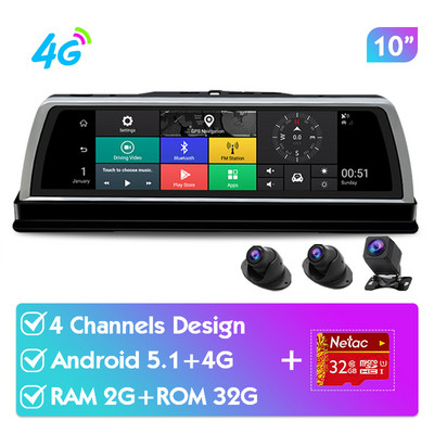 Újonnan 10 hüvelykes 4 csatornás GPS-navigációs 360°-os panorámás autós DVR kamera Android Auto Video Recorder Dashcam ADAS 4G Wifi Dash kamera