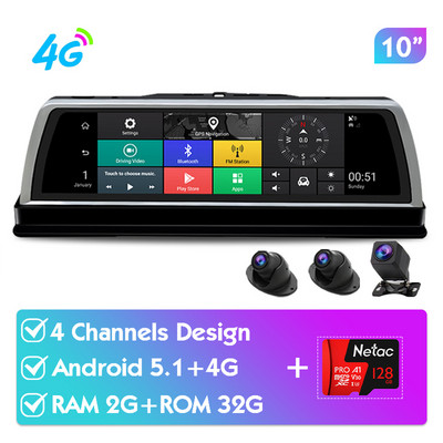 Újonnan 10 hüvelykes 4 csatornás GPS-navigációs 360°-os panorámás autós DVR kamera Android Auto Video Recorder Dashcam ADAS 4G Wifi Dash kamera