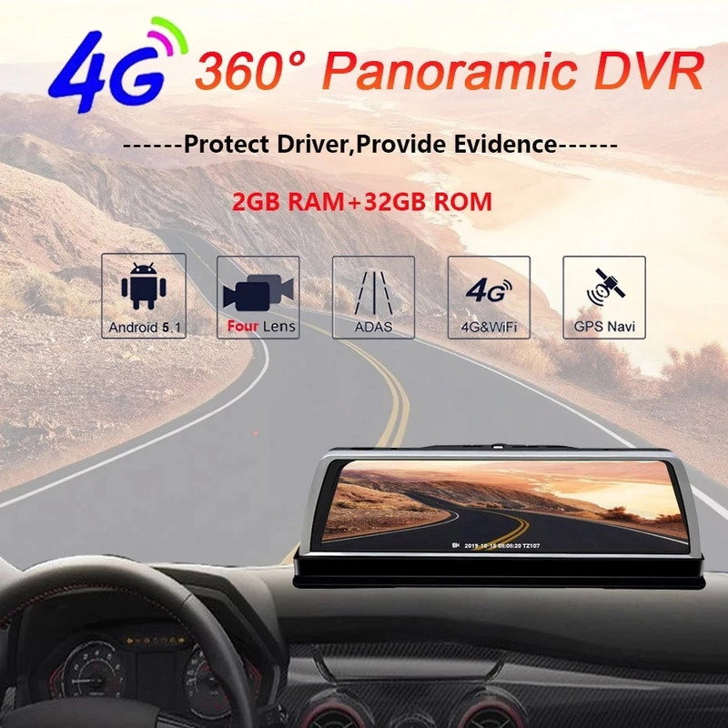 Újonnan 10 hüvelykes 4 csatornás GPS-navigációs 360°-os panorámás autós DVR kamera Android Auto Video Recorder Dashcam ADAS 4G Wifi Dash kamera