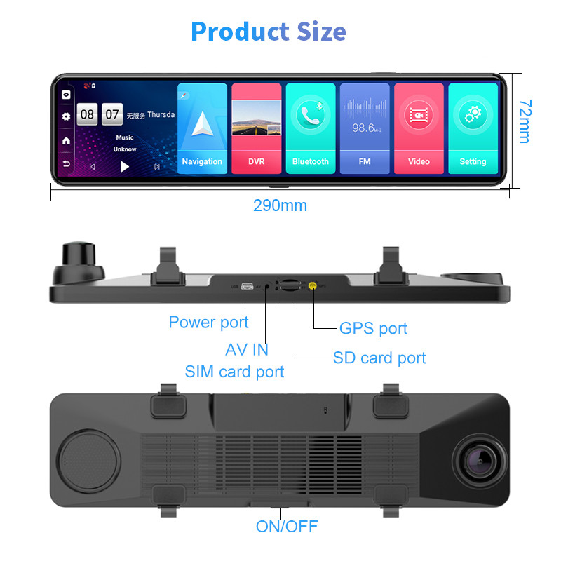 Pametni retrovizor za automobil, navigacijski DVR 12" 3 podijeljena zaslona s dvostrukom lećom, kamera na ploči Android 8.1 GPS video snimač 4GB+32GB 1080P