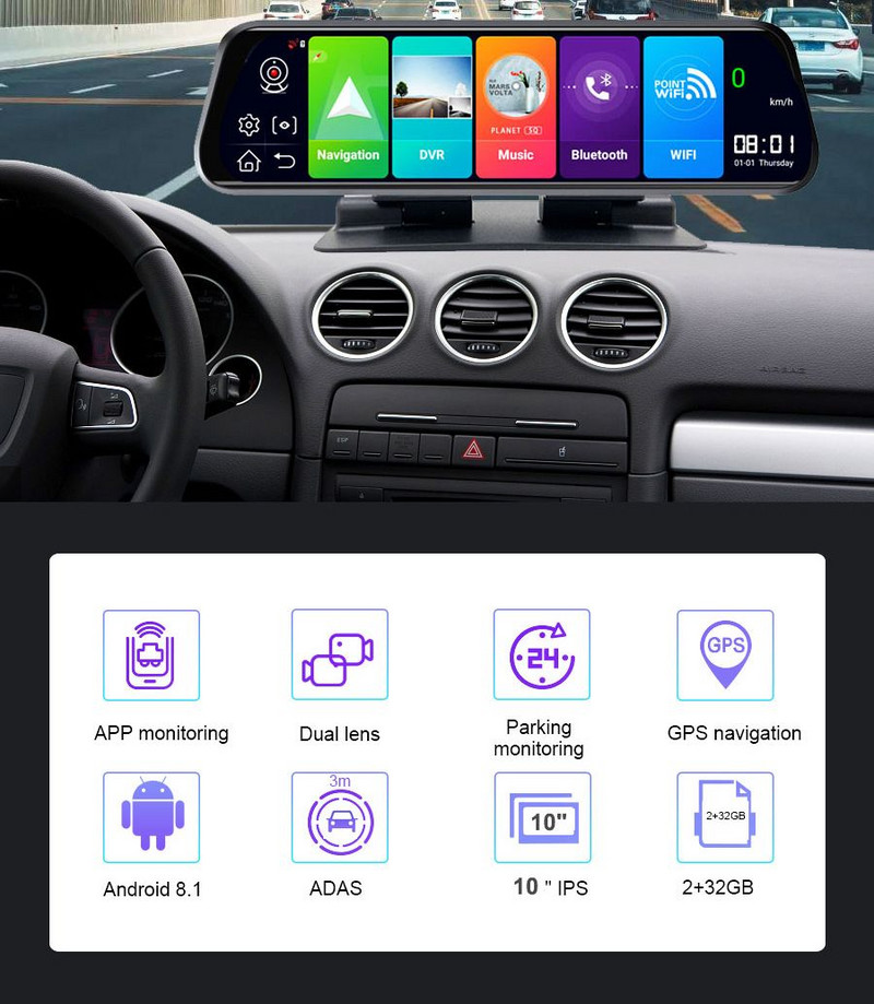 10" 4G ADAS Android GPS Navigație Dash Cam pentru mașină cutie neagră 1080P Cameră 1080P Înregistrator cu lentile pentru vedere din spate Bluetooth Monitorizare parcare