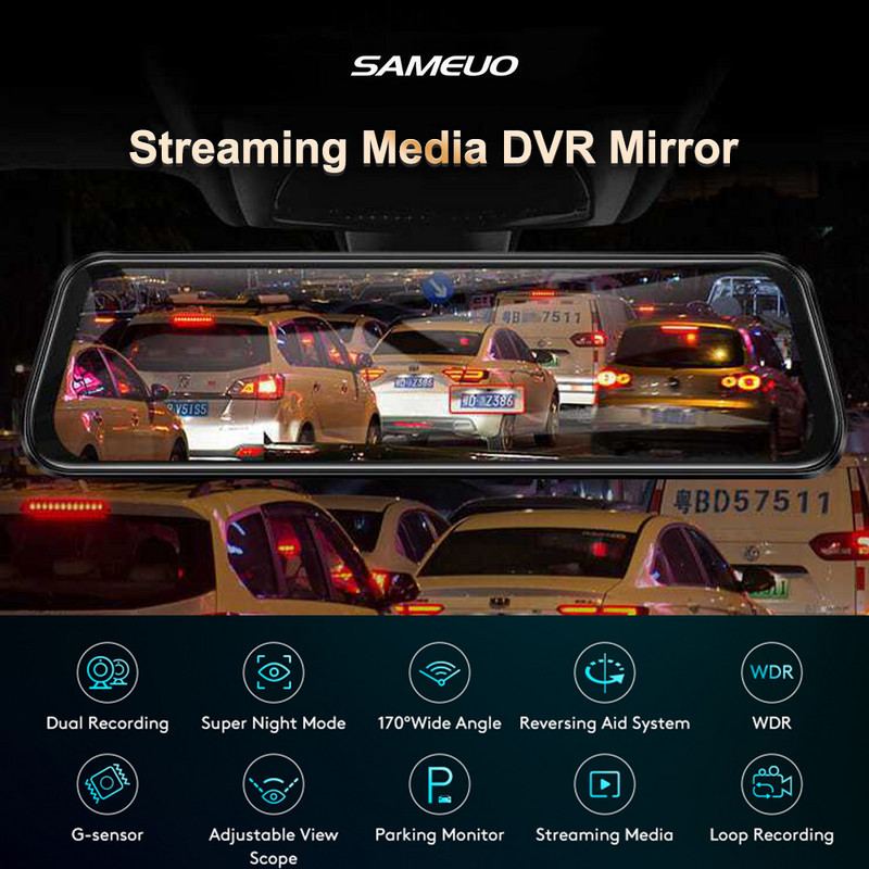 Sameuo 10 inch Dash Cam Oglindă Dvr pentru mașină Streaming Media Vedere din spate Cameră cu două lentile pentru mașină Viziune nocturnă Dashcam Recorder Oglindă