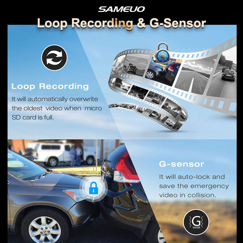 Sameuo 10 inch Dash Cam Oglindă Dvr pentru mașină Streaming Media Vedere din spate Cameră cu două lentile pentru mașină Viziune nocturnă Dashcam Recorder Oglindă