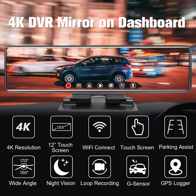 Naujausias T80 12 colių 2160P automobilio DVR veidrodis 4K srautinės medijos galinio vaizdo veidrodis WiFi GPS prietaisų skydelio kamera automobilio galinio vaizdo veidrodžio automatinis įrašymo įrenginys