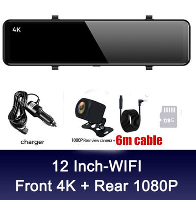 4K Video Recorder Dash Cam 12 hüvelykes WIFI visszapillantó tükör autós DVR Ultra HD 3840*2160P kamera telefonos alkalmazáshoz