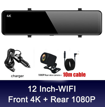 4K Video Recorder Dash Cam 12 hüvelykes WIFI visszapillantó tükör autós DVR Ultra HD 3840*2160P kamera telefonos alkalmazáshoz