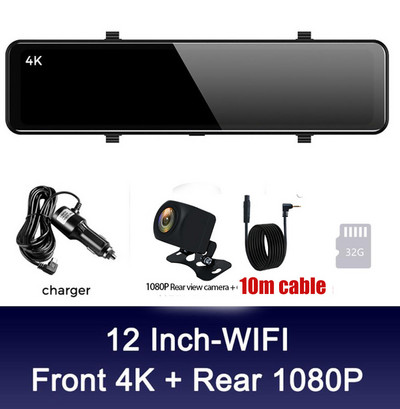 4K Video Recorder Dash Cam 12 hüvelykes WIFI visszapillantó tükör autós DVR Ultra HD 3840*2160P kamera telefonos alkalmazáshoz