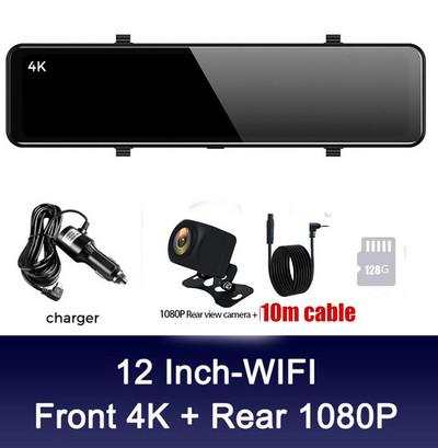 4K Video Recorder Dash Cam 12 hüvelykes WIFI visszapillantó tükör autós DVR Ultra HD 3840*2160P kamera telefonos alkalmazáshoz