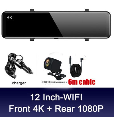 4K Video Recorder Dash Cam 12 hüvelykes WIFI visszapillantó tükör autós DVR Ultra HD 3840*2160P kamera telefonos alkalmazáshoz