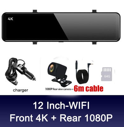 4K Video Recorder Dash Cam 12 hüvelykes WIFI visszapillantó tükör autós DVR Ultra HD 3840*2160P kamera telefonos alkalmazáshoz