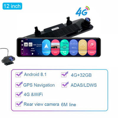 12-инчов 4G автомобилен DVR Огледало за обратно виждане Dash Cam ADAS Android 8.1 WIFI GPS Автомобилна камера HD 1080P Видеорекордер Дистанционен монитор за паркиране