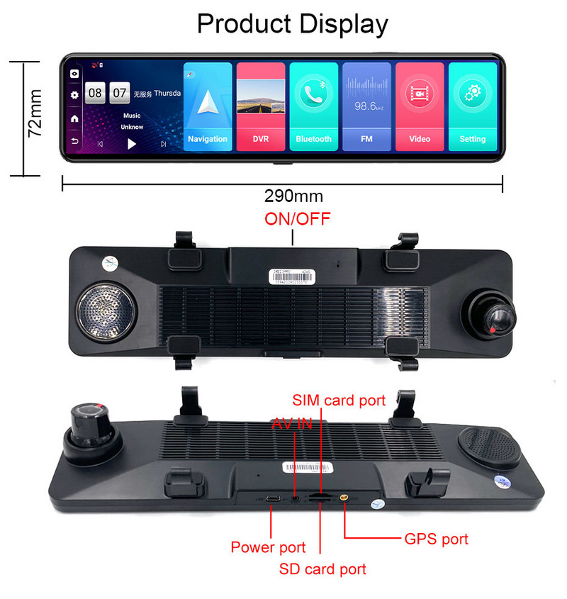 12 inch 4G DVR auto oglindă retrovizoare Dash Cam ADAS Android 8.1 WIFI GPS Cameră auto HD 1080P Video Recorder Telecomanda parc monitor