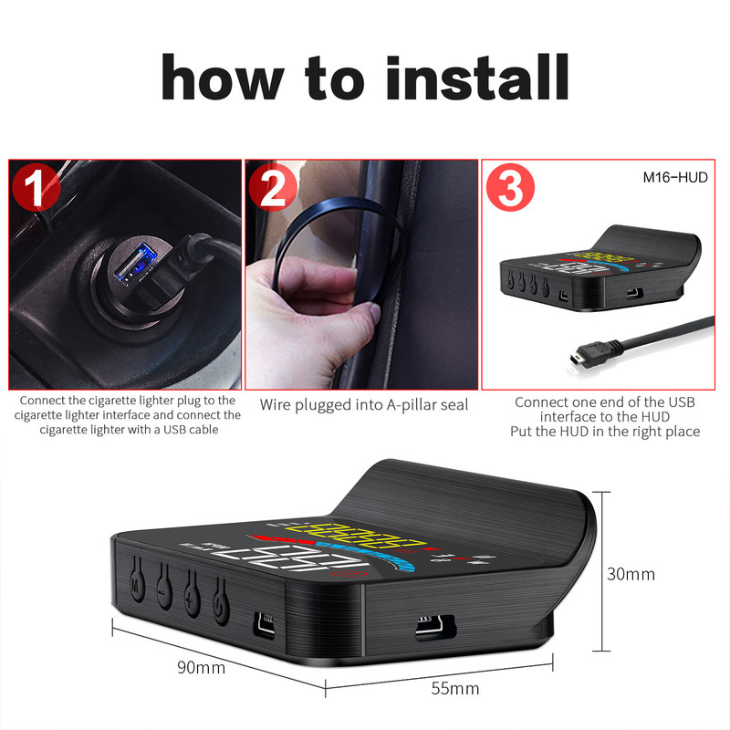 Proiector HUD parbriz M16 GPS OBD2 HUD Afișaj cu cap în sus pentru mașină Proiector digital de viteză Alarma de securitate Temperatura consumului de combustibil KMH