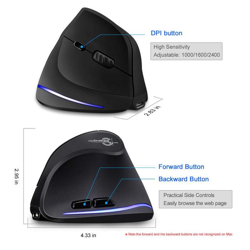 Mouse Lefon 2.4G Mouse vertical pentru jocuri Mouse ergonomic USB reîncărcabil RGB Mouse optice 2400 DPI pentru computer Mac Laptop PC