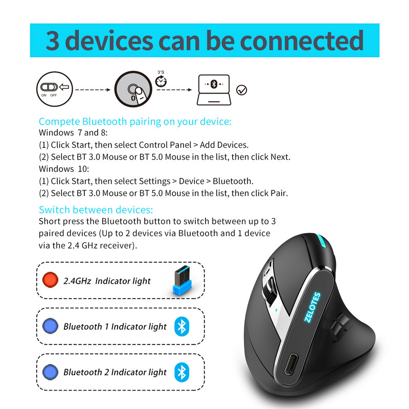 Mouse vertical wireless Lefon 2.4G 6 butoane 2400 DPI Mouse-uri optice Bluetooth reglabile pentru jocuri pentru computer, laptop, PC F36A