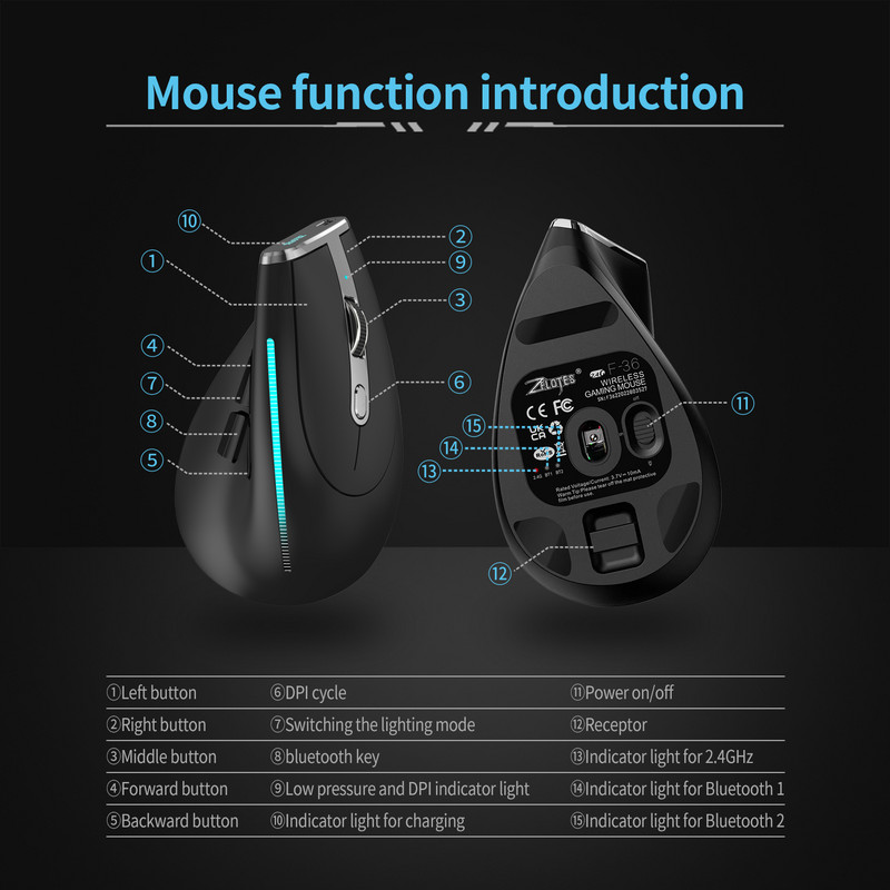 Mouse vertical wireless Lefon 2.4G 6 butoane 2400 DPI Mouse-uri optice Bluetooth reglabile pentru jocuri pentru computer, laptop, PC F36A