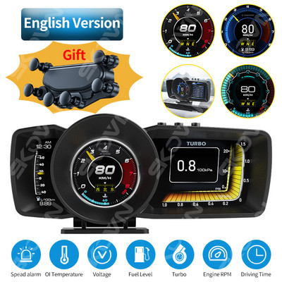 Ecran dublu Afișaj Head Up OBD2 GPS Afișare automată Smart Car HUD Calculator de bord Indicator Alarma de securitate Temp. apă și ulei RPM