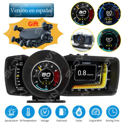 Ecran dublu Afișaj Head Up OBD2 GPS Afișare automată Smart Car HUD Calculator de bord Indicator Alarma de securitate Temp. apă și ulei RPM