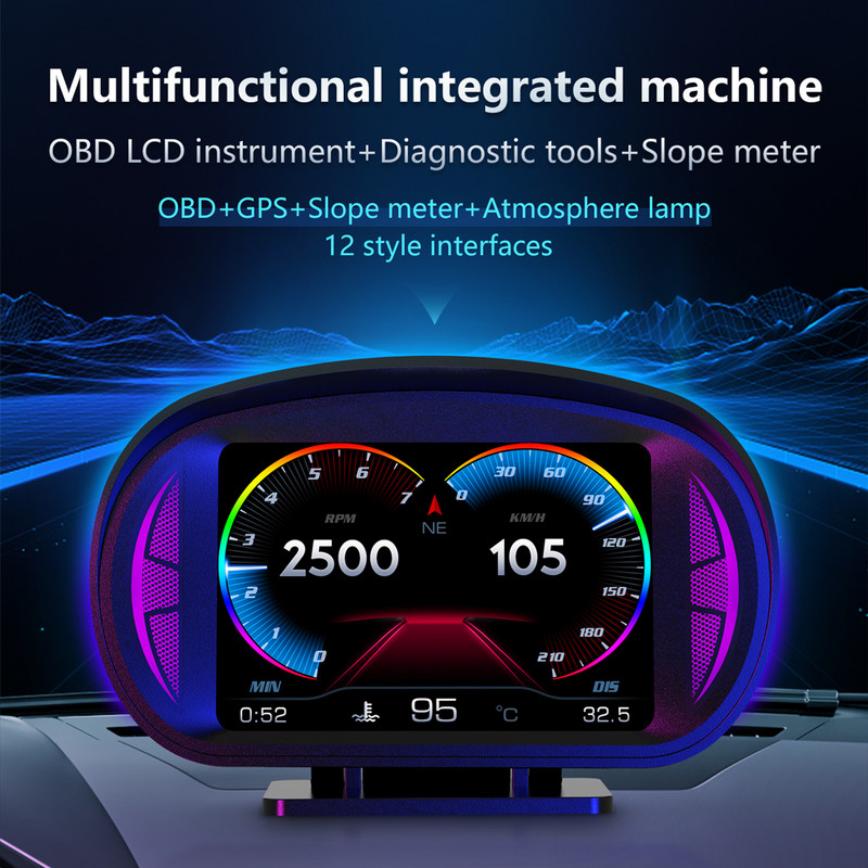 Cel mai nou computer de bord HUD pentru mașină Trei într-un indicator Head Up Display OBD2 GPS Vitezometru Sistem inteligent de alarmă cu inclinometru