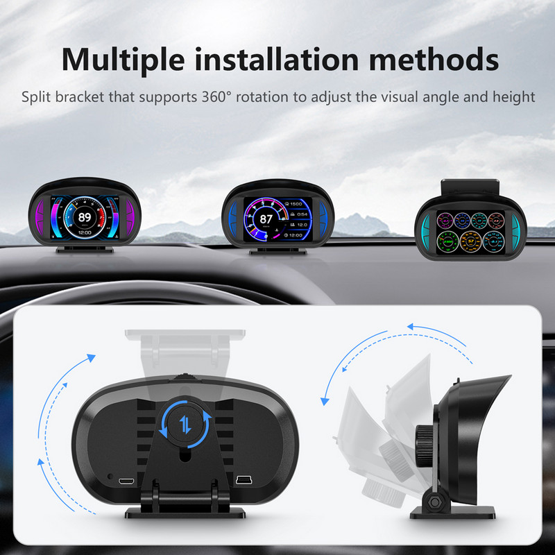 Cel mai nou computer de bord HUD pentru mașină Trei într-un indicator Head Up Display OBD2 GPS Vitezometru Sistem inteligent de alarmă cu inclinometru