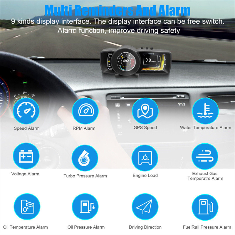 Tablou de bord multifuncțional HUD pentru mașină Computer de bord Head Up Display OBD2 GPS Vitezometru inteligent Sistem de alarmă cu indicator automat