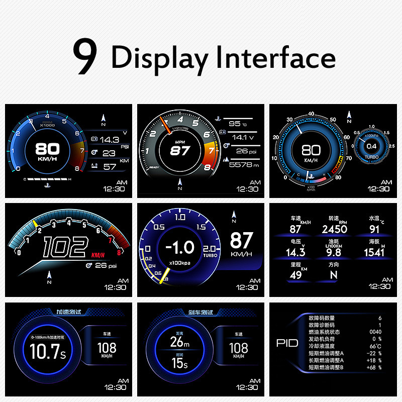OBD 2 GPS Dual System Digital 9 Head-up Display Auto OBDii Gauge Digital Security Monitoring Alarmă de supraviteză Temperatura apei și uleiului
