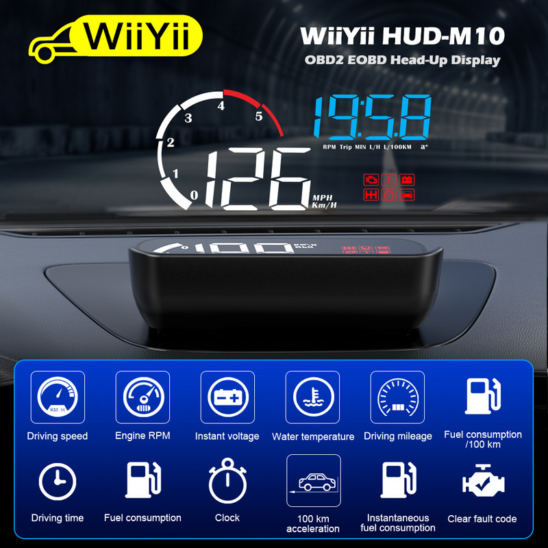 WIIYII M10 OBD2 Auto HUD Computer de bord Km/H MPH Head Up Dislay Vitezometru Proiecție parbriz pe geamul mașinii