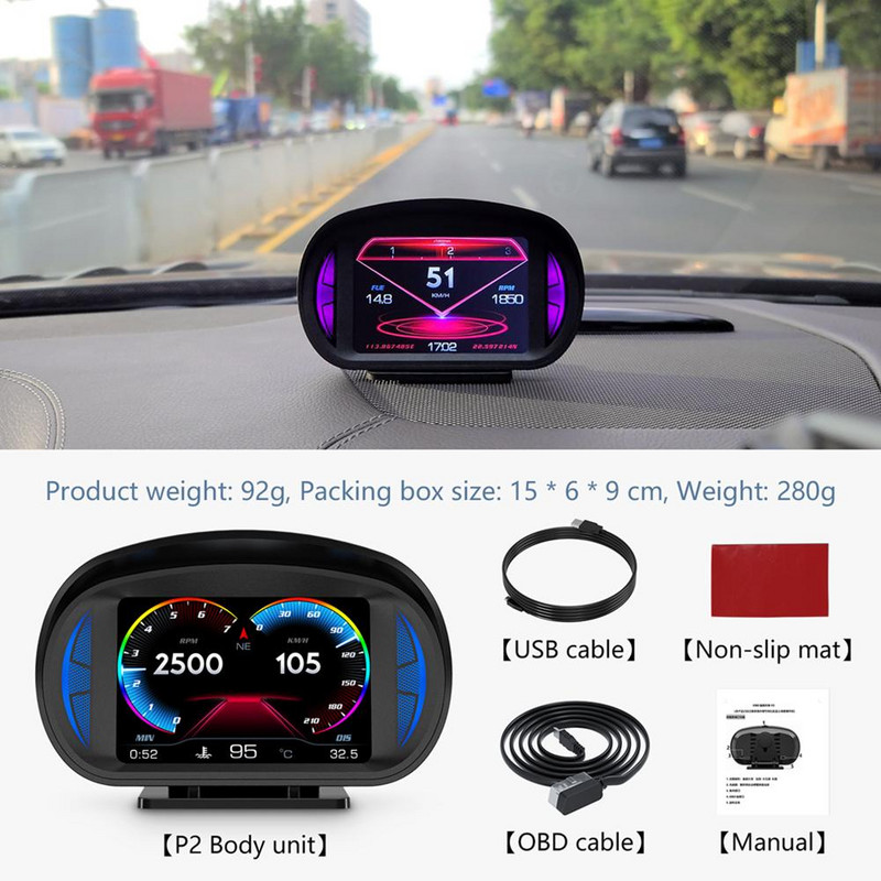 Afișaj Heads Up pentru mașină Lcd Hud Obd Gps Instrument multifuncțional Vitezometru Supraviteză Alarmă de joasă tensiune