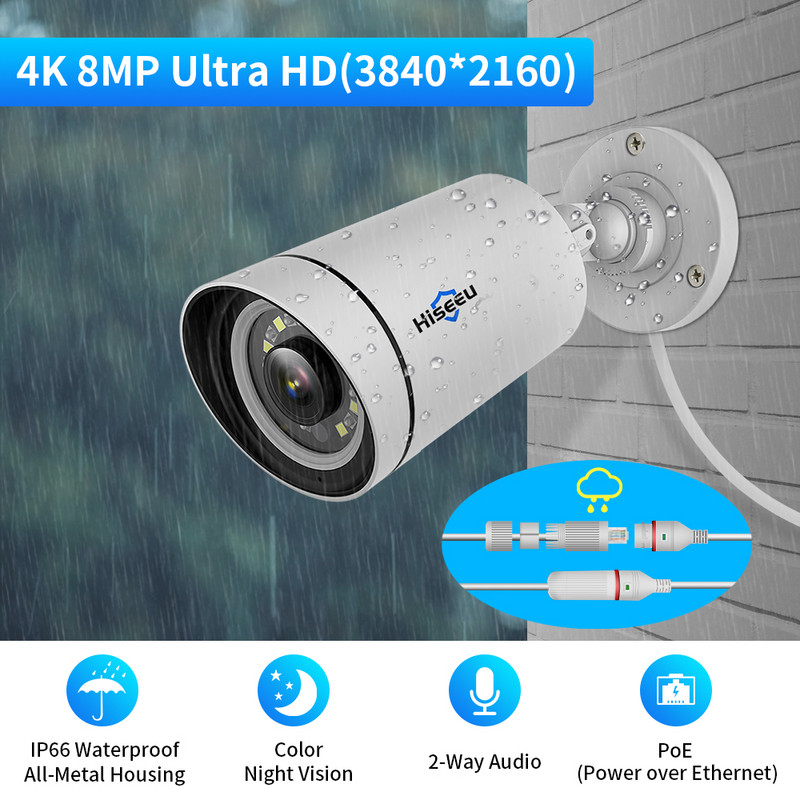 Hiseeu 4K 8MP IP kamera āra POE videonovērošanas audio ieraksts CCTV drošība ielas kustības trauksme Krāsu nakts redzamība ONVIF