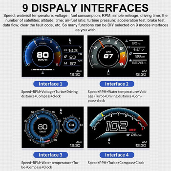 Οθόνη Car Hud Head Up OBD2+GPS Smart Car HUD Gauge Ψηφιακός χιλιομετρητής ασφαλείας Συναγερμός Θερμοκρασία νερού και λαδιού. RPM