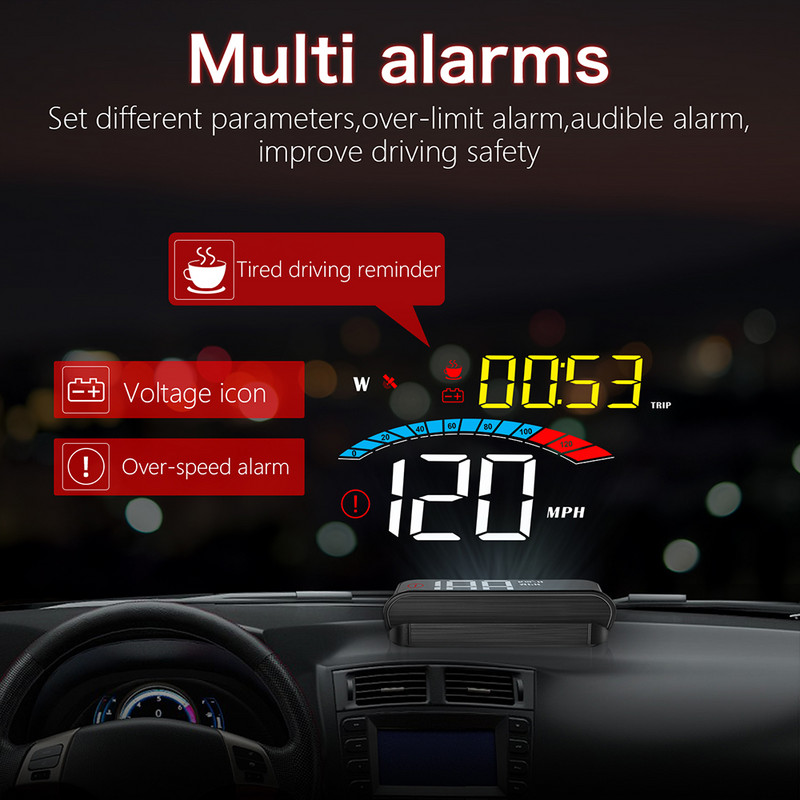 HUD auto Afișaj cap în sus pentru mașină Proiector pentru parbriz pe sticlă mașină Vitezometru digital pentru mașină Alarma de temperatură a apei și uleiului Gadget-uri inteligente automate