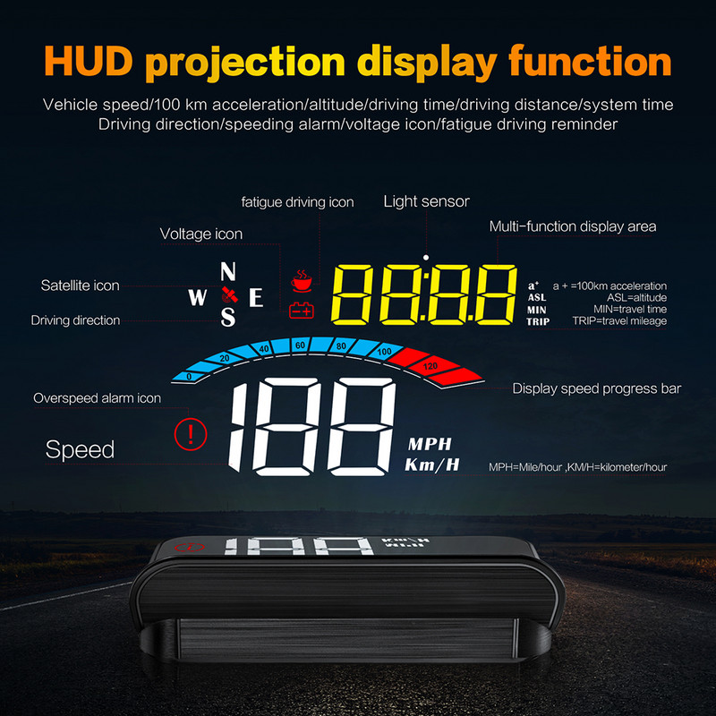 HUD auto Afișaj cap în sus pentru mașină Proiector pentru parbriz pe sticlă mașină Vitezometru digital pentru mașină Alarma de temperatură a apei și uleiului Gadget-uri inteligente automate