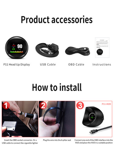 WYOBD P11 OBD HUD Computer de bord Head Up Display Tahometru masina Turbo Presiunea uleiului Temperatura apei Vitezometru GPS Accesorii auto