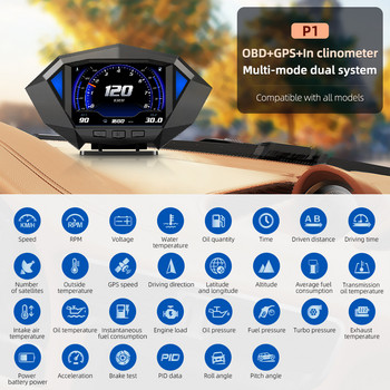 WYOBD P1 Obd2 HUD Οθόνη αυτοκινήτου Gps LED Έγχρωμη ατμόσφαιρα Φως Αυτόματη φωτεινότητα Ηλεκτρονικό μπλε πολυστρωματικό αξεσουάρ αυτοκινήτου Μετρητής κλίσης