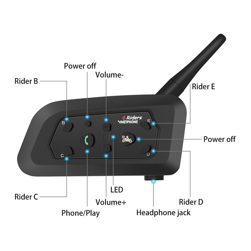 Vnetphone V6 BT Interphone 1200m Motorkerékpár Bluetooth bukósisak headset Intercom Intercomunicador Moto interfonok 6 lovasnak