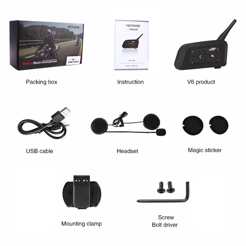 Vnetphone V6 BT Interphone 1200m Motorkerékpár Bluetooth bukósisak headset Intercom Intercomunicador Moto interfonok 6 lovasnak