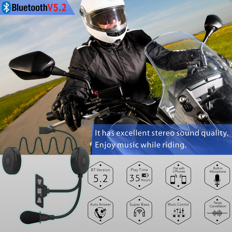 Motorkerékpár Bluetooth 5.2 sisak fejhallgató vezeték nélküli kihangosító sztereó zenelejátszó hangszóró Moto zajcsökkentő vízálló fülhallgató