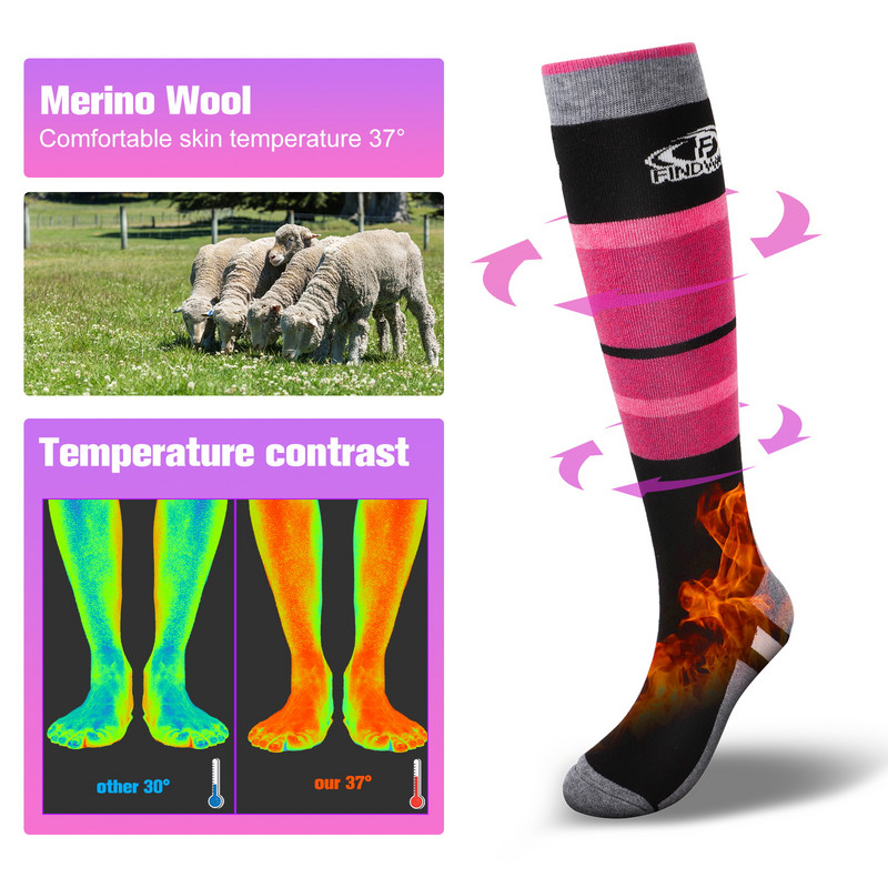Șosete de schi Findway din lână merinos Sosete calde de iarnă pentru bărbați, femei, pachet de 1 pereche, șosete termice peste vițel (OTC)