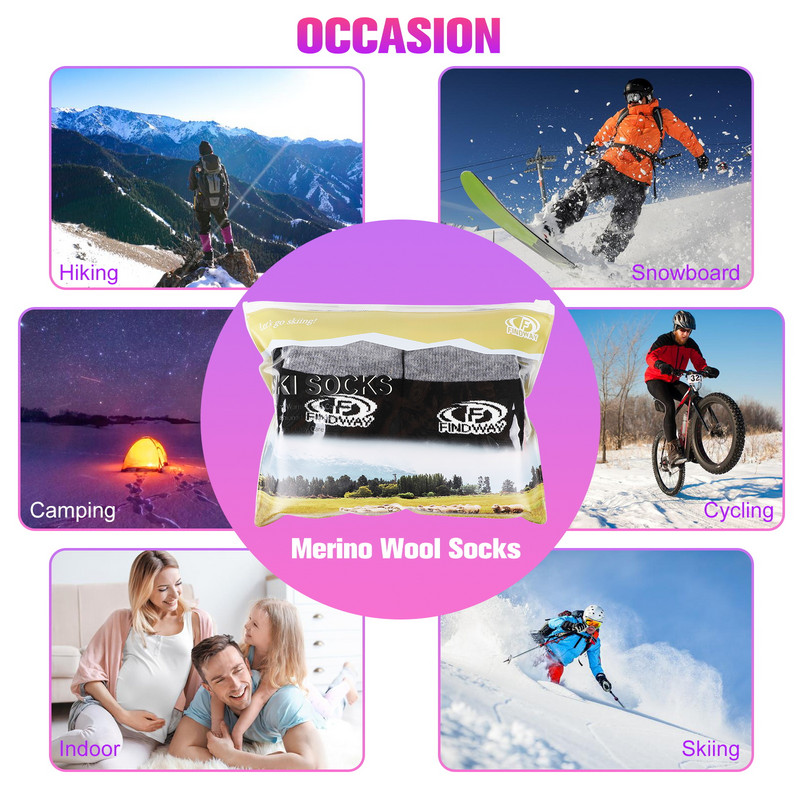 Șosete de schi Findway din lână merinos Sosete calde de iarnă pentru bărbați, femei, pachet de 1 pereche, șosete termice peste vițel (OTC)