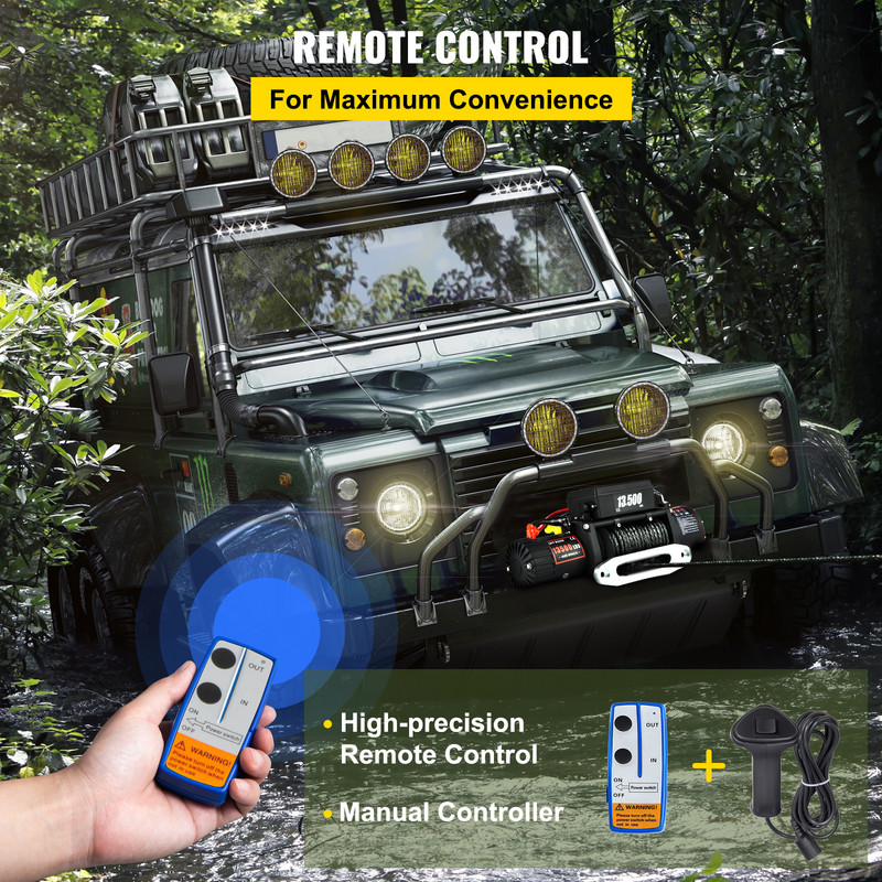 VEVOR 13500 LBS 12V elektrinė gervė Sintetinė vilkimo lyno gervė 27M/92FT kėlimo keltuvas, skirtas 4X4 automobilių priekabai keturračiui sunkvežimiui bekelėje