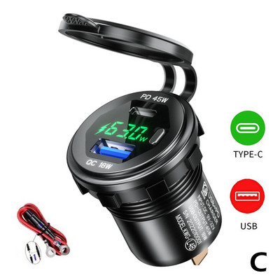 Dual USB PD tip-C Încărcător Priză Adaptor priză 12V 24V Impermeabil Porturi USB duale Încărcare rapidă pentru mașină Barcă SUV Sedan RV