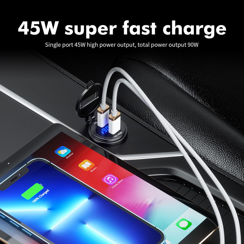 Dual USB PD tip-C Încărcător Priză Adaptor priză 12V 24V Impermeabil Porturi USB duale Încărcare rapidă pentru mașină Barcă SUV Sedan RV