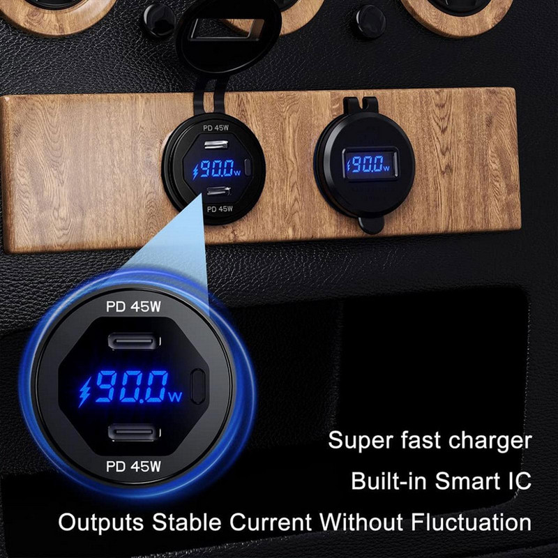 Dual USB PD tip-C Încărcător Priză Adaptor priză 12V 24V Impermeabil Porturi USB duale Încărcare rapidă pentru mașină Barcă SUV Sedan RV