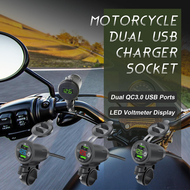 Încărcător pentru telefon mobil pentru motocicletă Suport ghidon pentru călăreț USB QC3.0 Încărcare rapidă cu tensiune mașină dublă cu încărcător de afișaj D4R4
