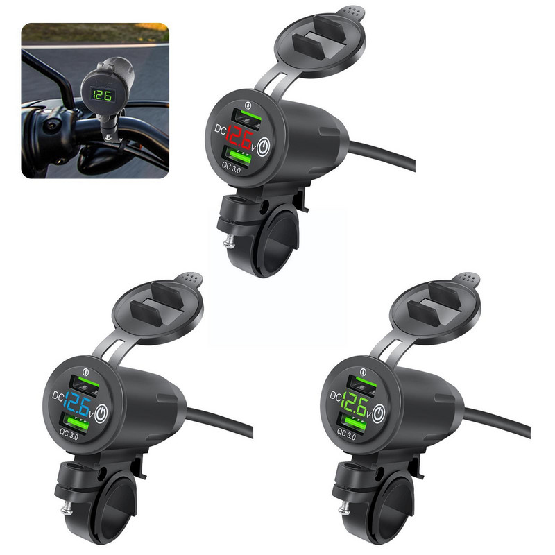 Încărcător pentru telefon mobil pentru motocicletă Suport ghidon pentru călăreț USB QC3.0 Încărcare rapidă cu tensiune mașină dublă cu încărcător de afișaj D4R4