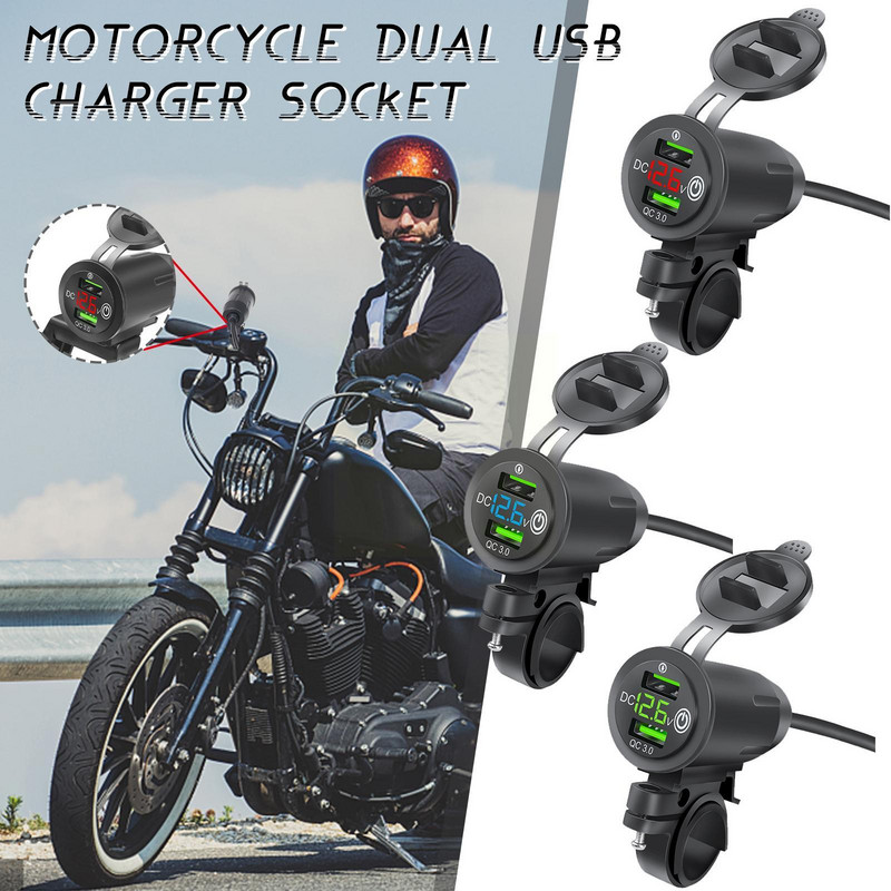 Încărcător pentru telefon mobil pentru motocicletă Suport ghidon pentru călăreț USB QC3.0 Încărcare rapidă cu tensiune mașină dublă cu încărcător de afișaj D4R4