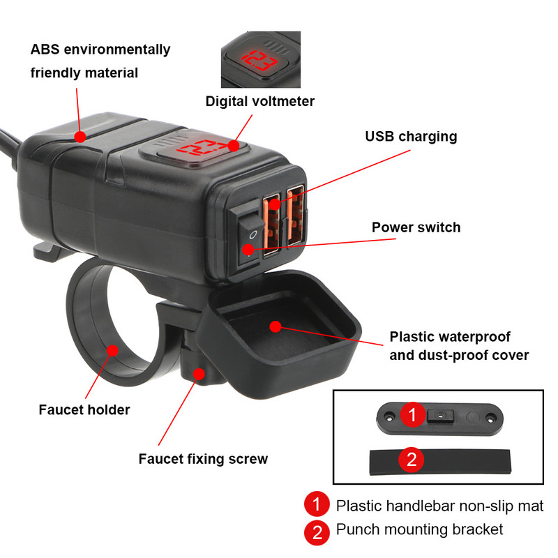 Încărcător rapid pentru motociclete montat pe vehicul Accesorii pentru moto QC 3.0 Încărcător USB dublu Adaptor voltmetru digital Impermeabil rezistent la praf