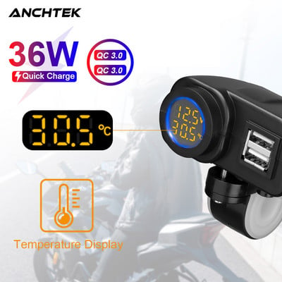 Anchtek Motorcycle QC3.0 Încărcător dublu USB pentru telefon mobil Voltmetru Termometru Afișaj digital Încărcător pentru telefon mobil Adaptor priză