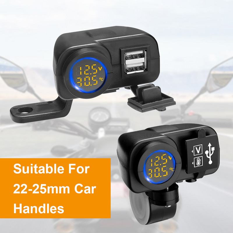 Anchtek Motorcycle QC3.0 Încărcător dublu USB pentru telefon mobil Voltmetru Termometru Afișaj digital Încărcător pentru telefon mobil Adaptor priză